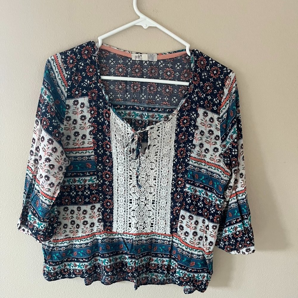 Jolt Women's Large Floral Print Crochet Boho Peasant Blouse Top Peplum Bottom